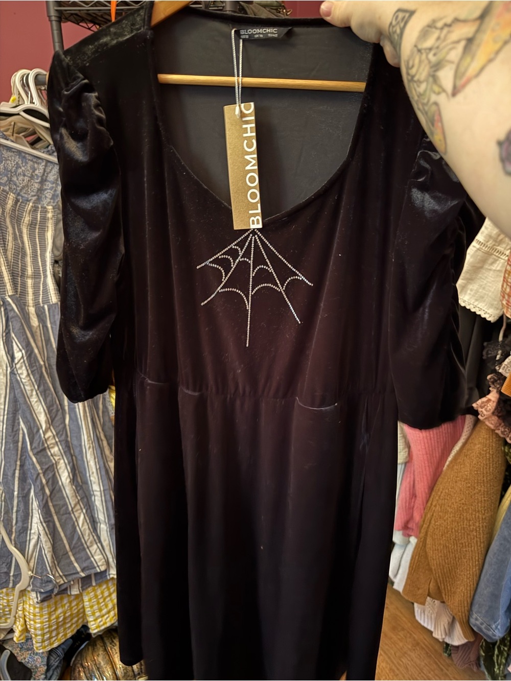 Black Velvet Dress Spiderweb Bloomchic Halloween Witchy Size 12 NWT - Picture 3 of 4